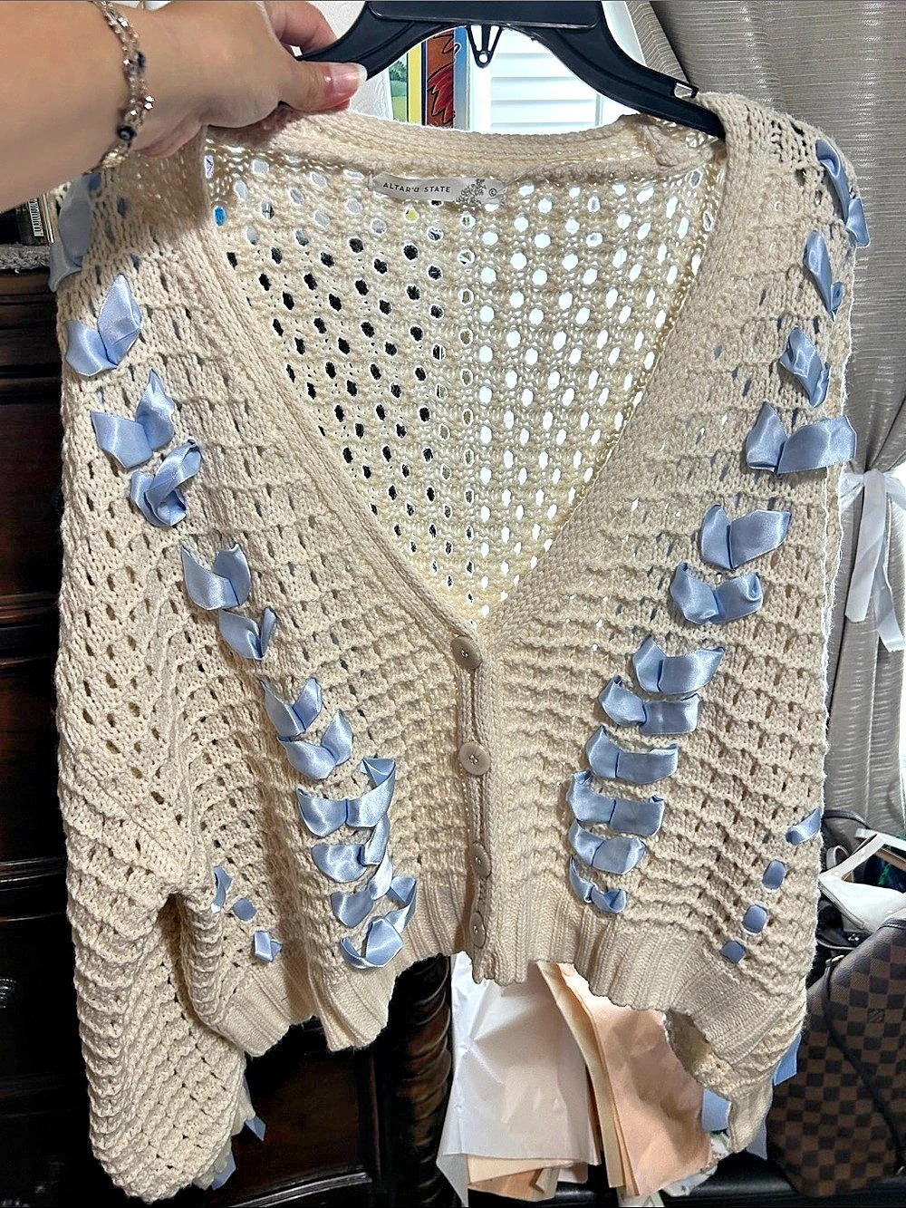 Altar'd State Crochet Ribbon Cardigan in Cream & Blue Size Large Like New